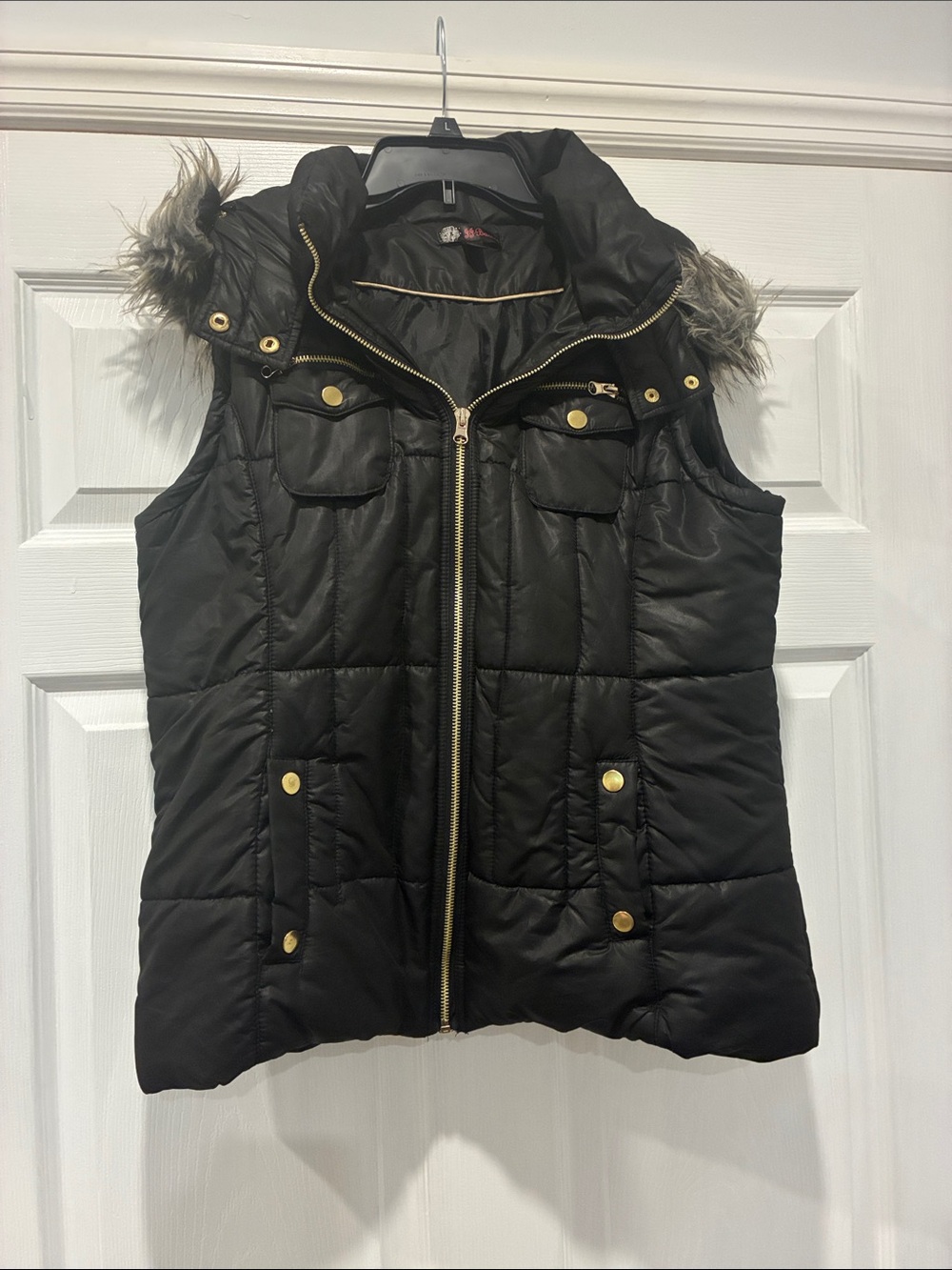 Black Quilted Puffer Vest with Faux Fur Hood